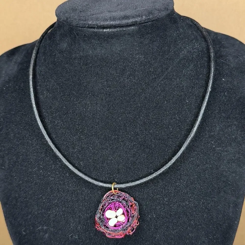 Birds nest necklace wire wrap handmade leather cord